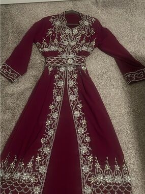 Embroidered Wine Red Women's Long Dress with Silver Accents